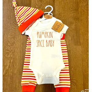 Rae Dunn Infant Halloween Fall Thanksgiving Set Onesie Pants Hat 0-3M, or 3-6M